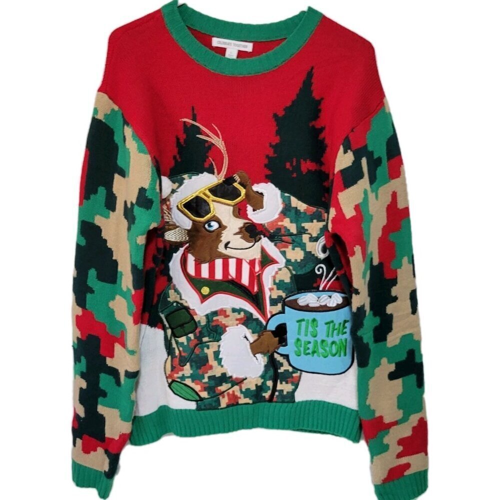 Ugly Christmas Sweater Large Unisex Tis The Season Reindeer Camo Cocoa Pocket